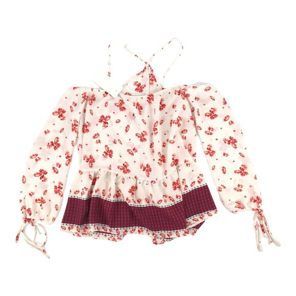 New Sienna Sky Halter Strap Floral Print Cold Shoulder Blouse Large Cream Red L - Picture 2 of 7
